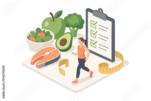 Isometric healthy lifestyle concept with woman exercising and nutritious foods