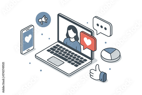 Digital communication and social media engagement in isometric design