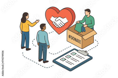 Community donation drive concept illustration with heart, hands, and checklist