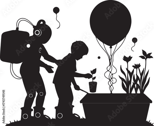 Silhouette of a child in a spacesuit and a younger child planting a seedling in a garden with a large balloon floating above
