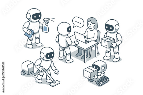 Futuristic robotics assisting humans in daily tasks isometric design