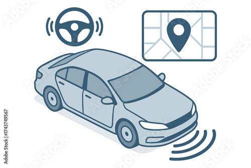Modern isometric car with navigation elements for autonomous driving