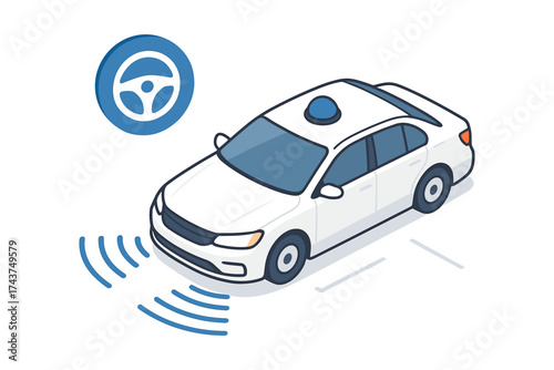 Isometric self-driving car with steering wheel and sensors