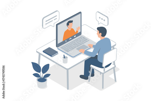 Remote work concept with online meeting and communication in isometric style