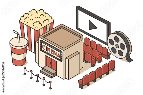 Isometric cinema elements with popcorn and film reel