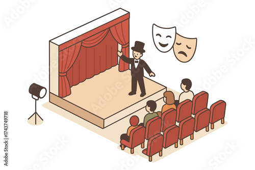 Isometric theater performance with audience and stage elements in flat design