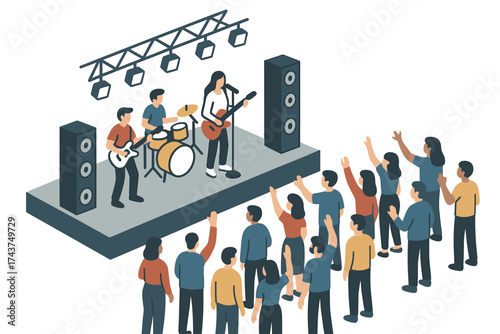 Isometric concert scene with band playing on stage and audience in crowd
