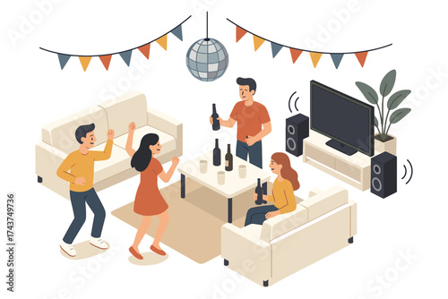 Friends enjoying music and drinks at a home party in a cozy living room