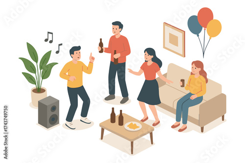 Friends enjoying a party at home with music and drinks in isometric style