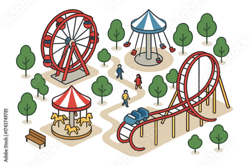Isometric amusement park scene with ferris wheel and roller coaster