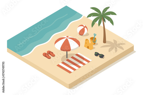 Isometric beach scene with umbrella, palm tree, and ocean waves
