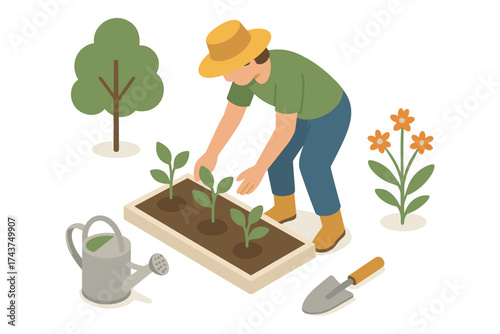 Isometric gardening scene with gardener and plants in a minimalist style