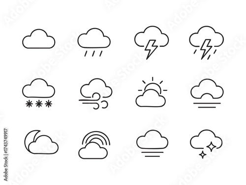 Weather icons. Weather forecast icon set. Clouds logo. Weather , clouds, sunny day, moon, snowflakes, wind, sun day. Vector illustration.