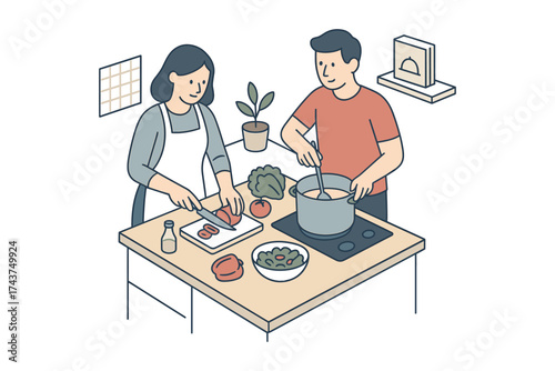 Couple cooking together in kitchen: casual isometric design for home cooking scene