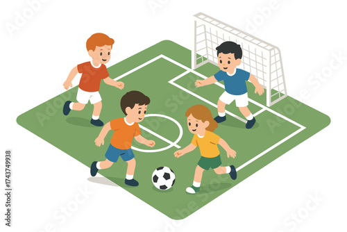 Children playing soccer on a mini field in isometric style