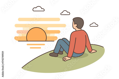 Tranquil sunset view with man relaxing on hill in minimalist style