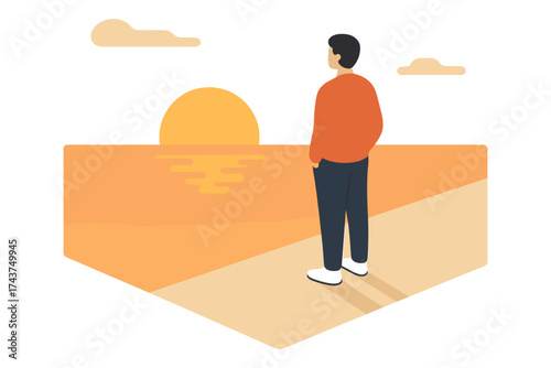 Man watching tranquil sunset by the ocean in modern flat design
