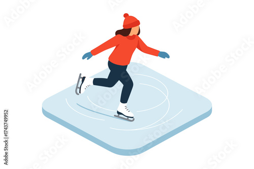 Isometric winter scene with ice skater in red and blue outfit on frozen pond