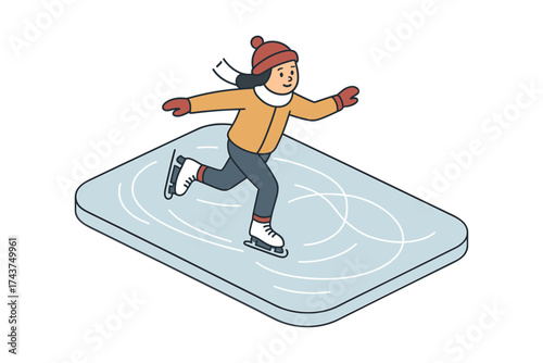 Winter fun: young skater enjoying ice rink in cozy outfit