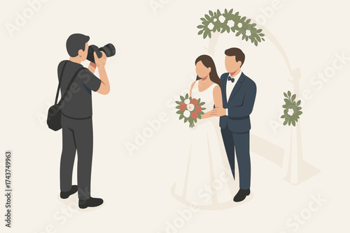 Isometric wedding photographer captures bride and groom under floral arch