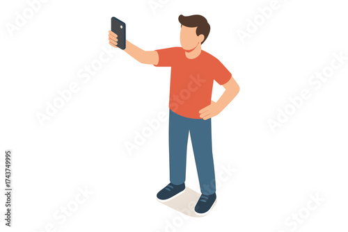 Young man taking selfie with smartphone in isometric style