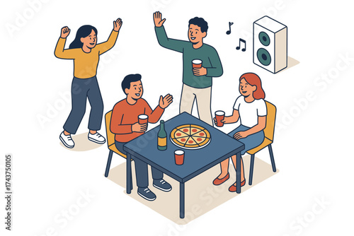 Isometric friends enjoying a party with pizza and music