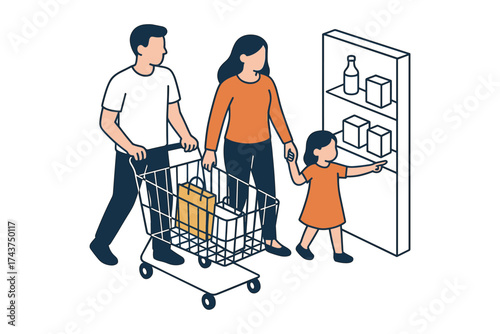 Family shopping together in supermarket isometric style