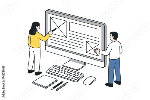 Collaborative web design concept with team working on mockup in isometric style