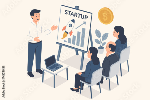 Team presentation on startup growth strategy with rocket and graph