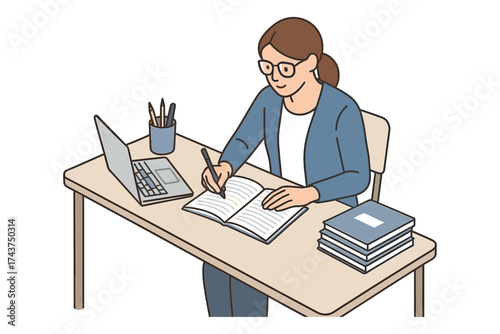 Woman writing at desk with laptop and books in flat design