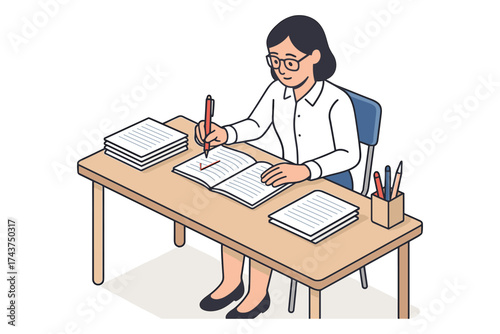 Isometric office worker writing at desk with papers and supplies