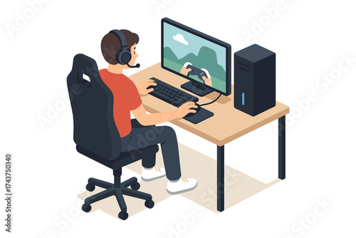 Gamer playing on desktop pc in isometric home office setup
