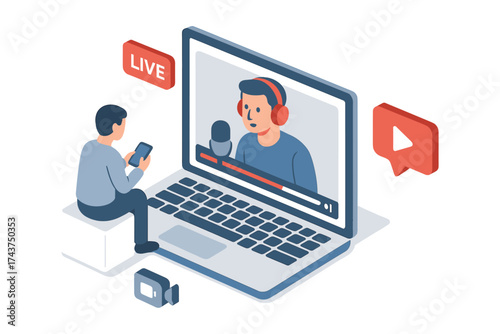 Isometric online streaming concept with laptop and content creators