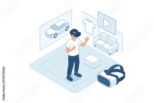 Immersive virtual reality experience with headset and digital interaction in isometric style