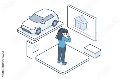 Virtual reality experience with futuristic 3d isometric design