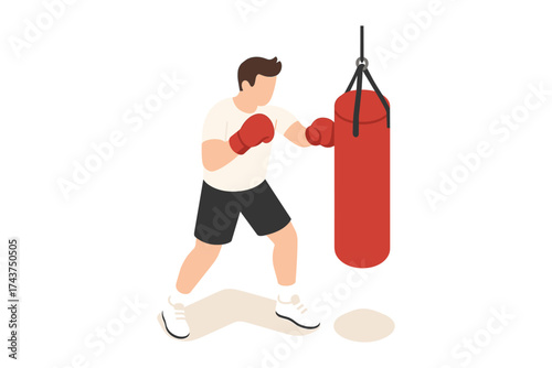 Boxer training with punching bag in isometric style