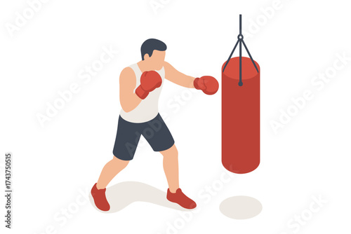 Isometric boxer training with punching bag in athletic exercise concept