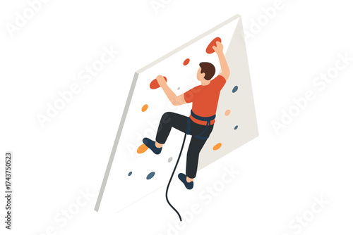 Isometric indoor climbing scene with man on wall in dynamic pose