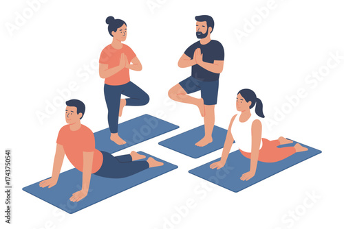 Group practicing yoga on mats in flat style