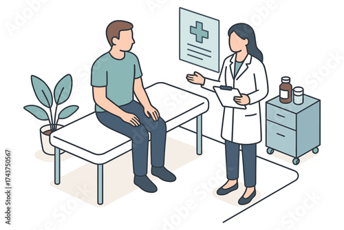 Healthcare consultation scene with doctor and patient in modern isometric style