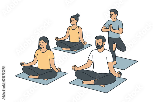 Group meditation and yoga practice in calm flat style