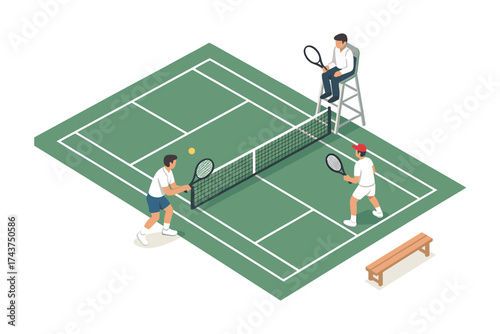 Isometric tennis match scene with umpire on court