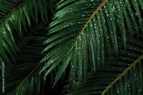 Close-up of vibrant green palm fronds glistening with water droplets against a dark background