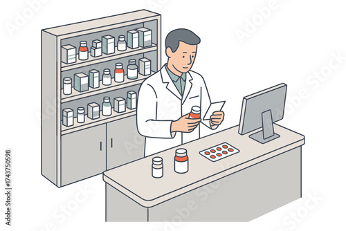 Pharmacist at work in modern pharmacy with medication and technology