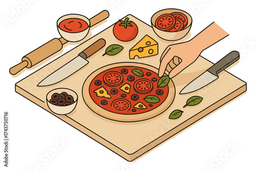 Preparing a delicious pizza with fresh ingredients in isometric style