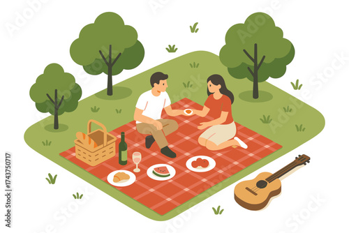 Isometric picnic scene with couple relaxing outdoors on a blanket with trees and guitar