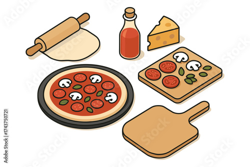 Isometric pizza making ingredients with traditional toppings and kitchen tools