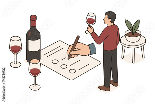 Wine tasting concept in isometric style with man writing notes