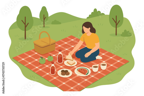 Woman enjoying picnic on blanket in park with food and nature