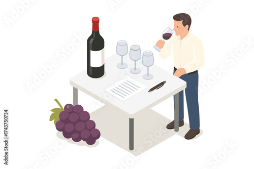 Isometric wine tasting: man sampling red wine with glasses and grapes on table